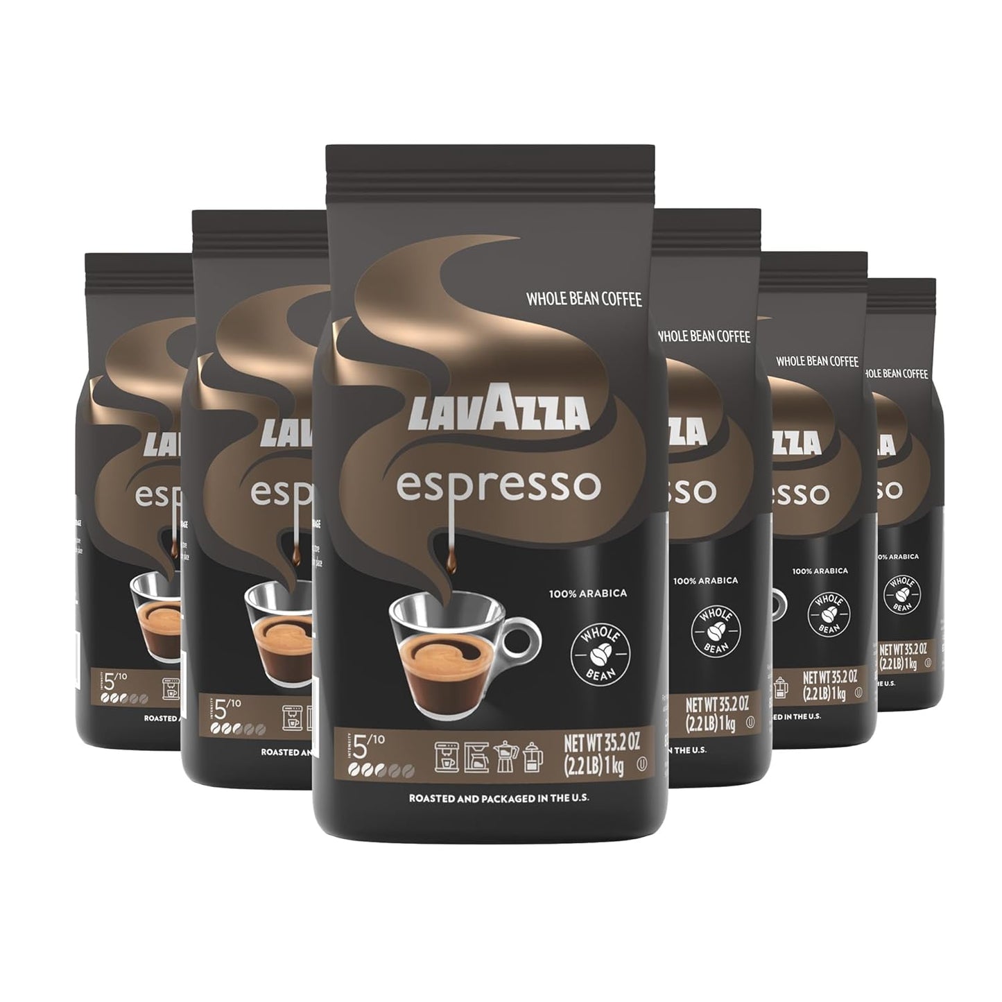 Lavazza Espresso Whole Bean Coffee, medium roast, 100% Arabica, 2.2 lb bag, shown in a pack of six bags on a white background.