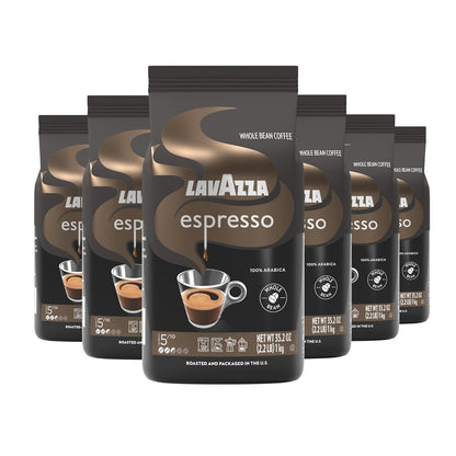 Lavazza Espresso Whole Bean Coffee, medium roast, 100% Arabica, 2.2 lb bag, shown in a pack of six bags on a white background.