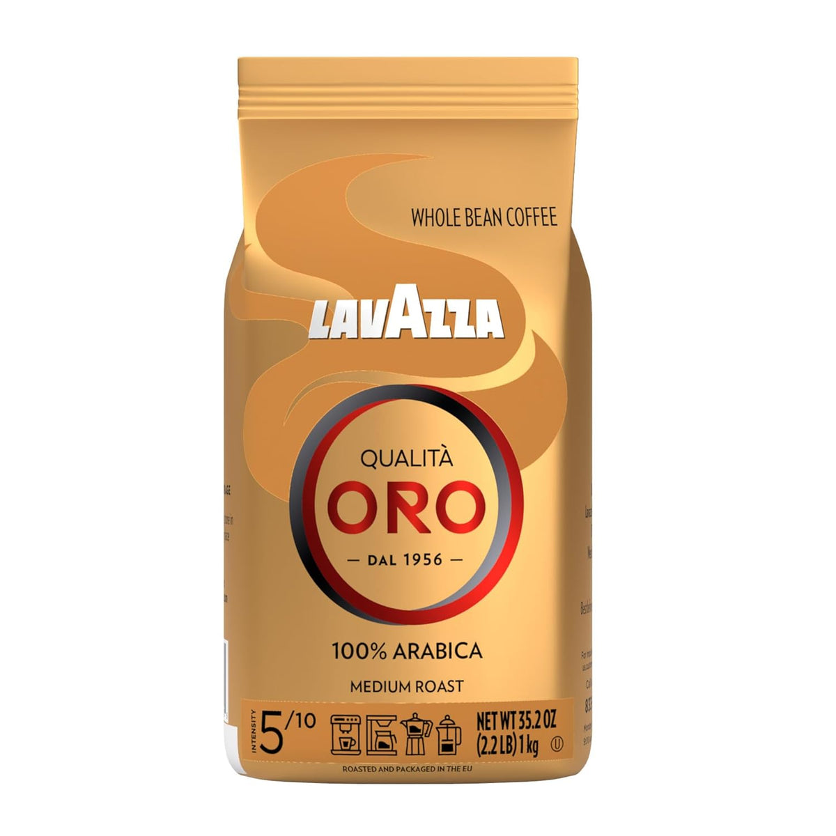Lavazza Espresso Whole Bean Coffee in a 2.2 lb bag, medium roast, 100% Arabica beans, packaged in a six-pack.