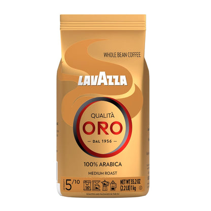 Lavazza Espresso Whole Bean Coffee in a 2.2 lb bag, medium roast, 100% Arabica beans, packaged in a six-pack.