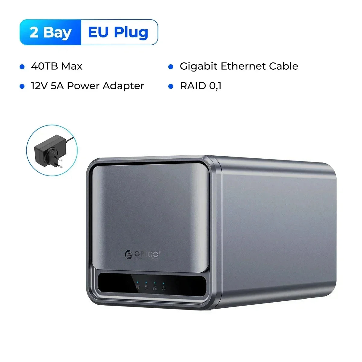 Orico NAS storage 2.5-bay external case with UK plug, supports remote access, shared data, and RAID for PC network storage.