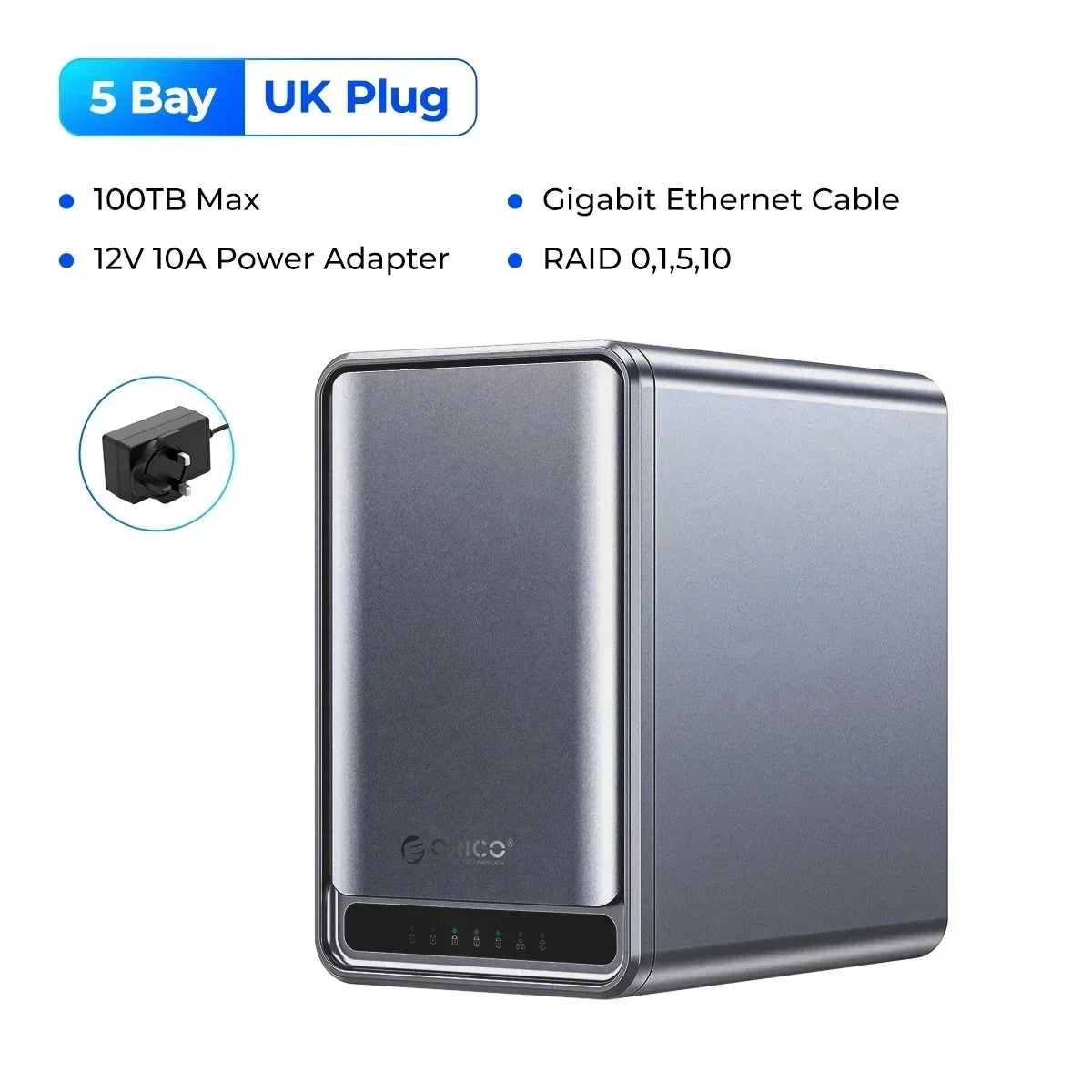 Orico NAS storage 2.5 Bay personal cloud network case with external hard drive, USB ports, and RAID support.