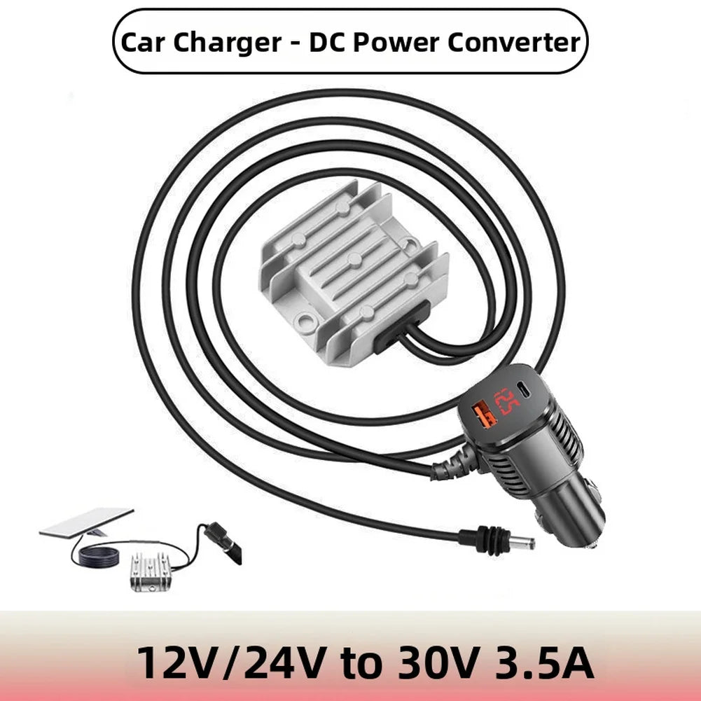 BackupMyFilesNow® Starlink Mini power converter boosts 12V-24V to 30V, 3.5A, with a compact adapter for power supply needs.