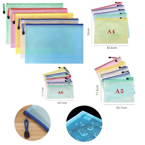 Set of five mesh zipper pouch folders in A4, A5, and A6 sizes for stationery, documents, and office supplies.