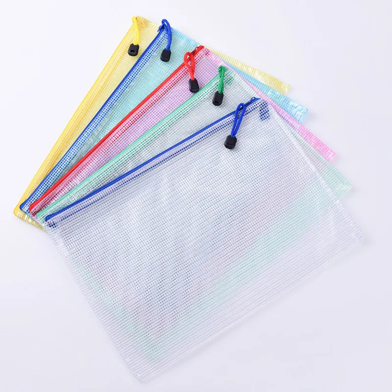 Set of 5 mesh zipper storage folders in A4, A5, A6 sizes by BackupMyFilesNow.com for school and office document organization.