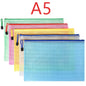 Set of five mesh zipper pouch folders in A4, A5, and A6 sizes for stationery, document storage, and school or office organization.