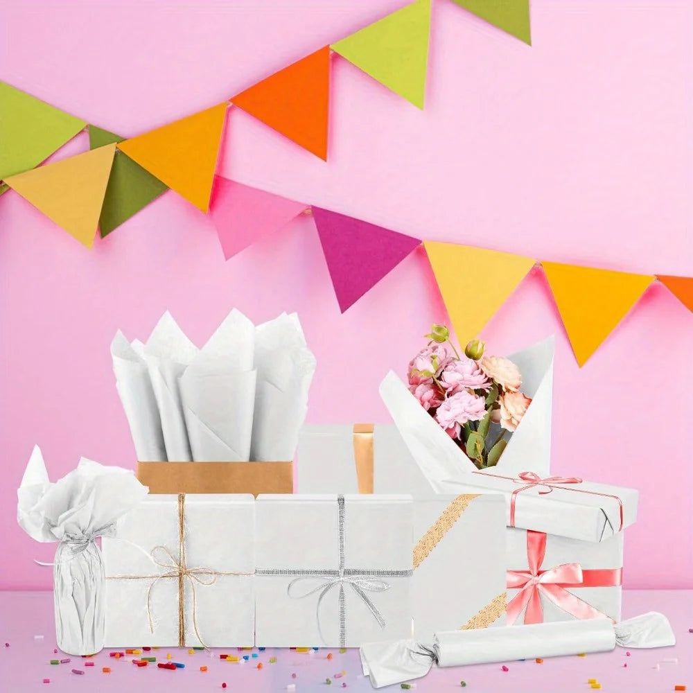 White tissue paper sheets for packaging, gift wrapping, and crafts, ideal for weddings, parties, and DIY projects.
