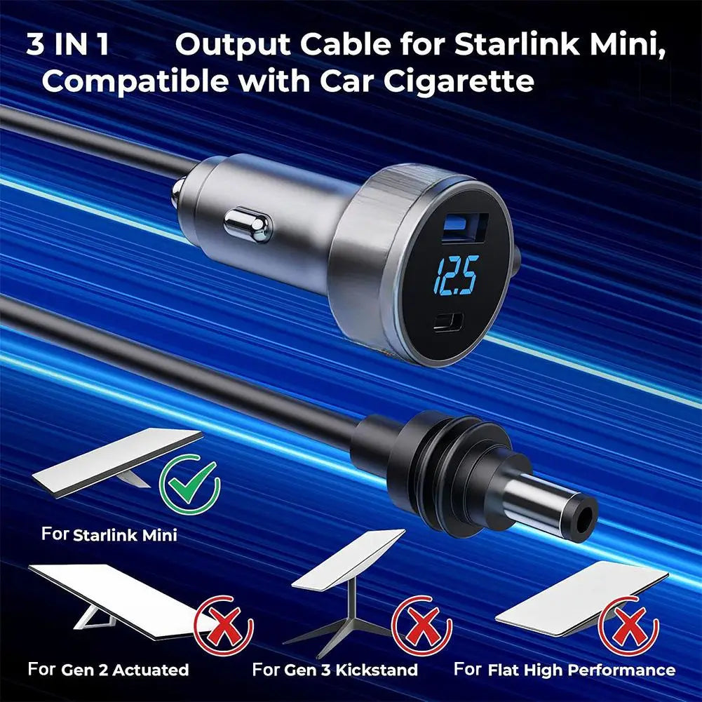 3.5m USB Type-C car charger cable with digital voltmeter for Starlink Mini, waterproof extension power cable for vehicles.
