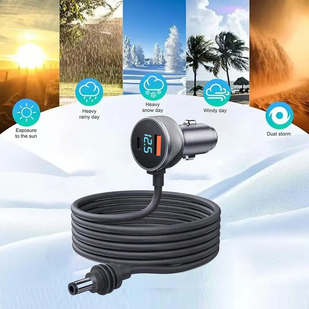BackupMyFilesNow® 3.5m USB Type-C car charger extension cable with waterproof design and digital voltmeter for Starlink Mini.