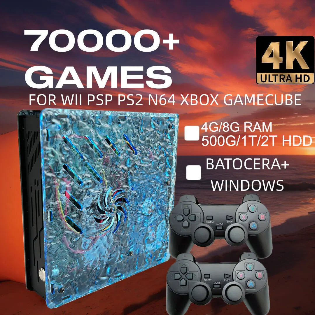 Retro video game console X10 by BackupMyFilesNow.com with wireless controller, showcasing game cartridges and emulator menu screens.