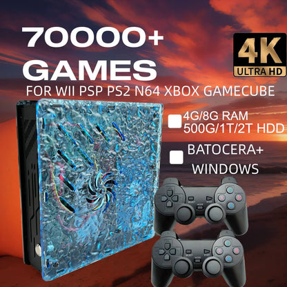 Retro video game console X10 by BackupMyFilesNow.com with wireless controller, showcasing game cartridges and emulator menu screens.