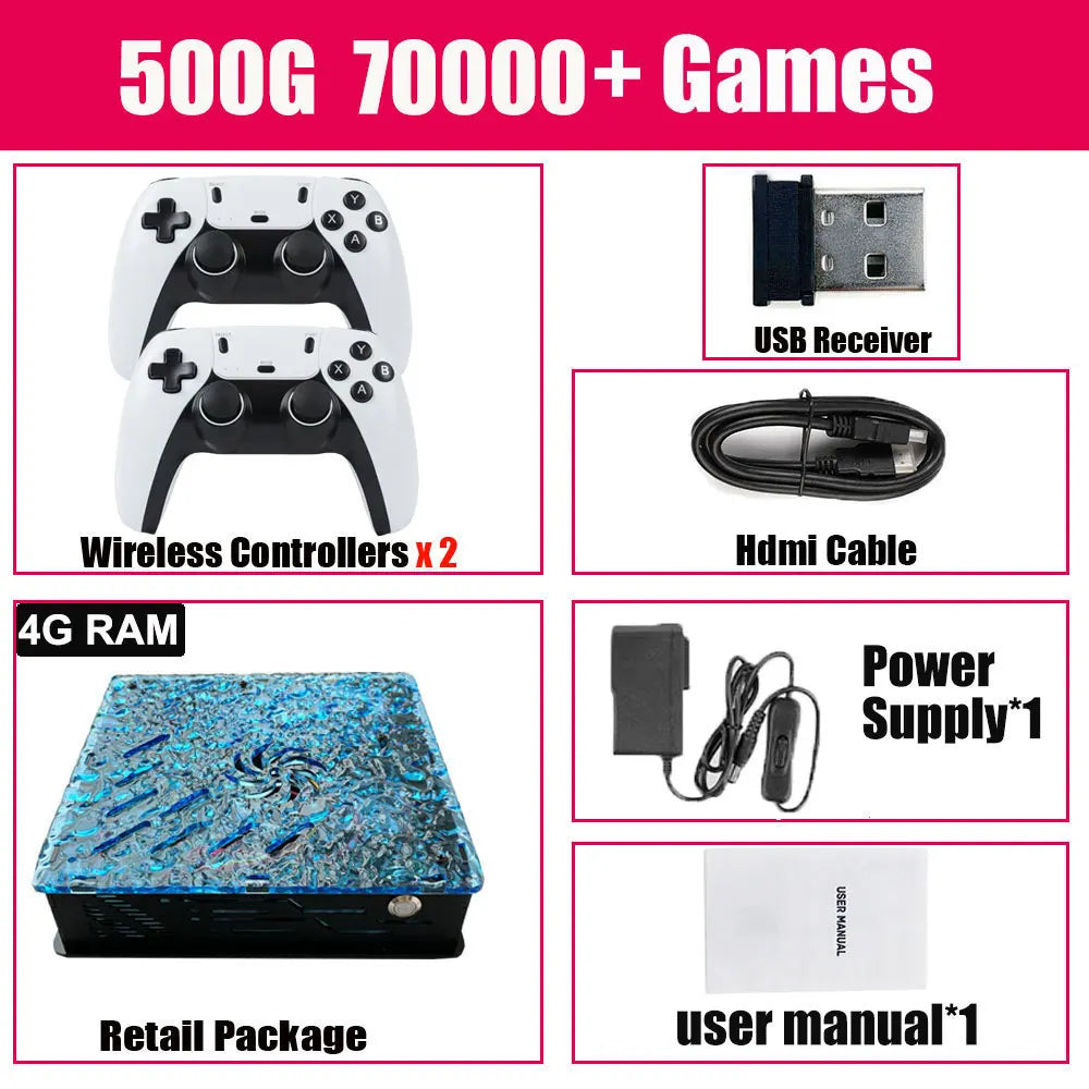 Retro Video Game Console X10 with 70,000 games, wireless controller, for PS2, N64, GameCube, Xbox, ideal for kids.