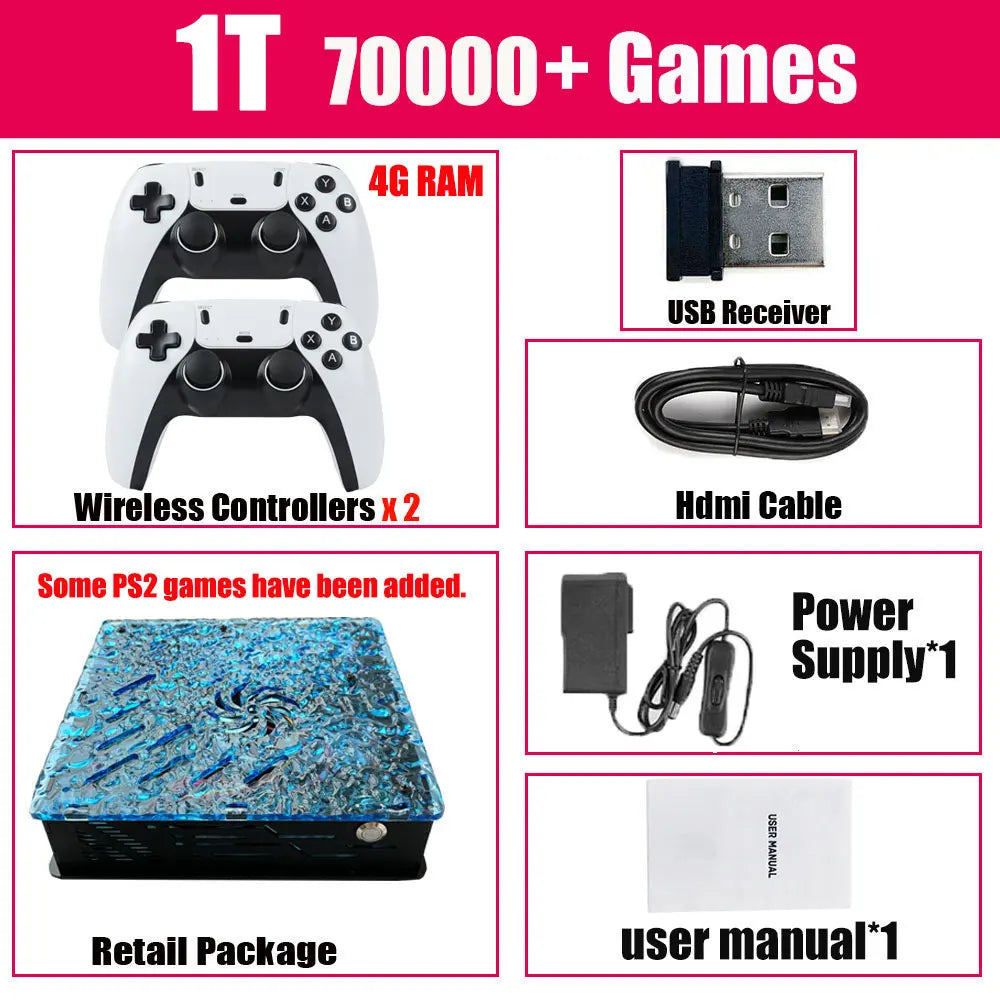 Retro video game console X10 by BackupMyFilesNow.com with wireless controller, 70,000 games, emulators for PS2, N64, GameCube, Xbox.