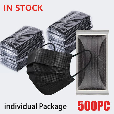 Black disposable adult face masks in individual packages, 3-layer anti-dust filtration, suitable for daily wear.
