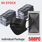 Black disposable adult face masks in individual packages, 3-layer anti-dust filtration, suitable for daily wear.