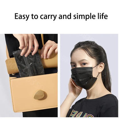 Black disposable adult face masks with 3-layer filter, individually packaged, anti-dust protection, suitable for daily wear.