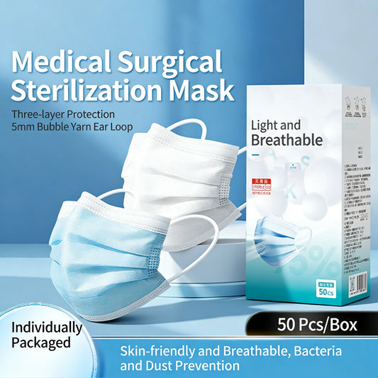 Disposable face masks with 5mm bubble yarn ear loops, 3-layer protection, individually wrapped for adult daily use, 50-piece box.