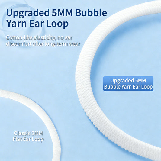 Disposable face masks with 5mm bubble yarn ear loops, 3-layer protective design, individually wrapped for adult daily use, 50-pack.