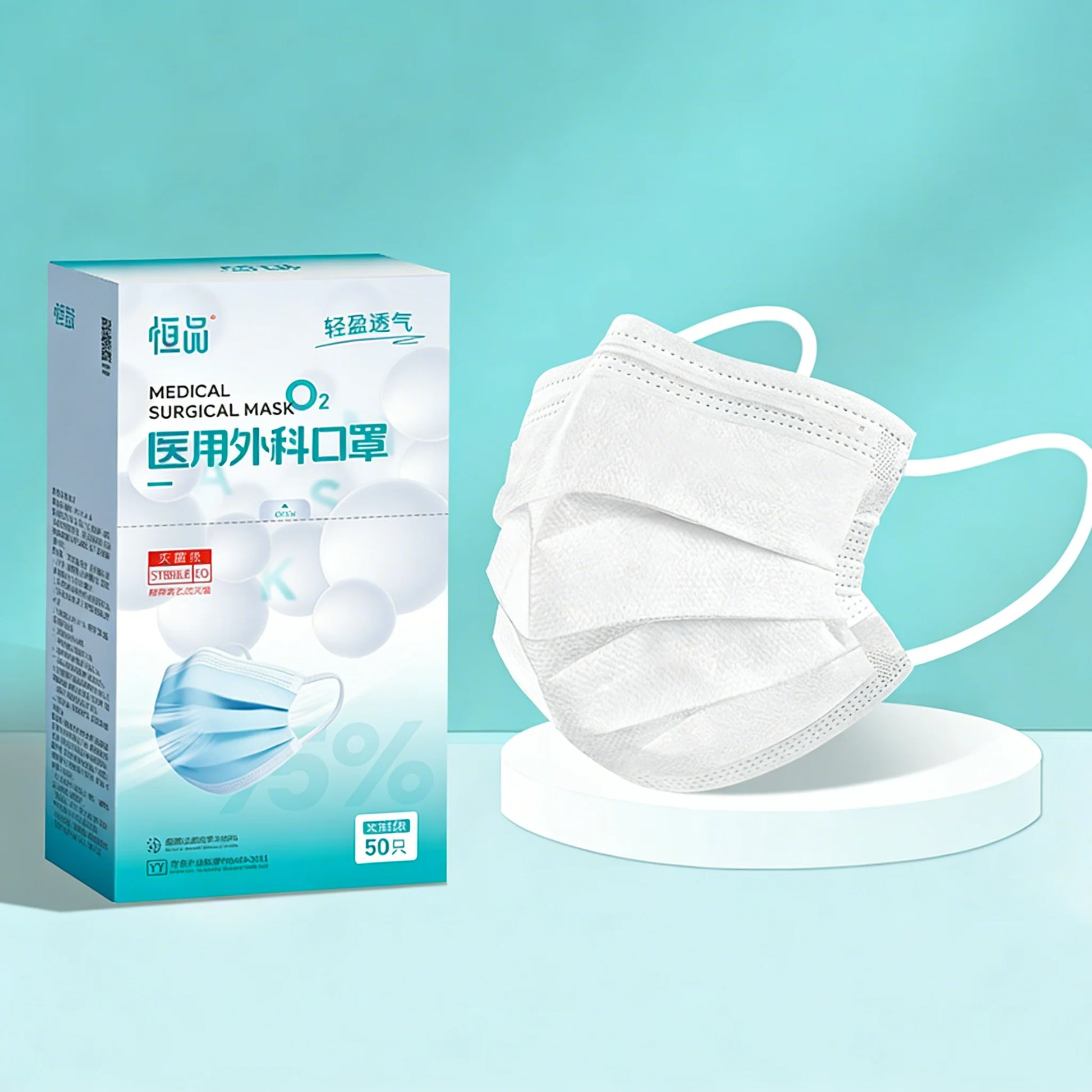 Disposable face masks with 5mm bubble yarn ear loops, 3-layer protective design, individually wrapped for adult daily use, 50-pack.