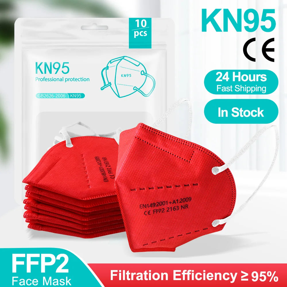 Assorted pack of 10-100 FFP2 KN95 face masks with 5-layer filter, reusable surgical masks for protection and filtration.