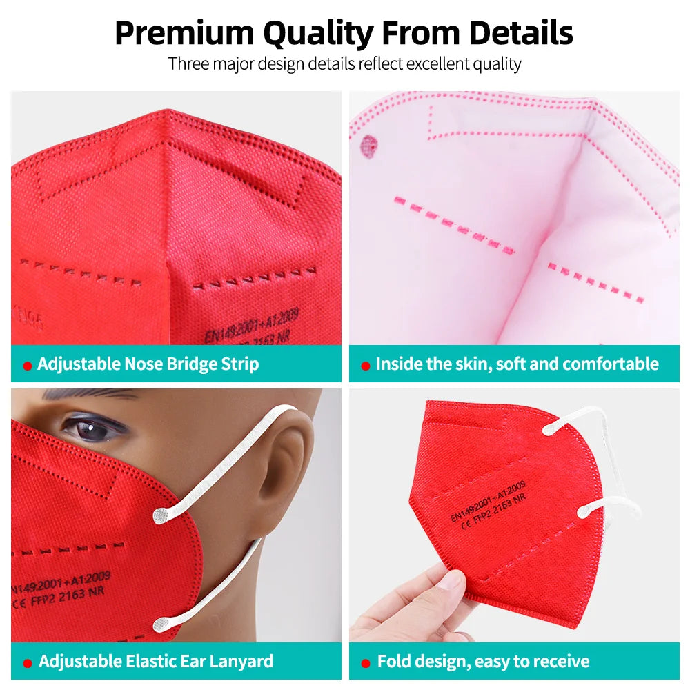 Set of 50 FFP2 KN95 face masks with 5-layer filters, reusable surgical masks providing protective face coverage.