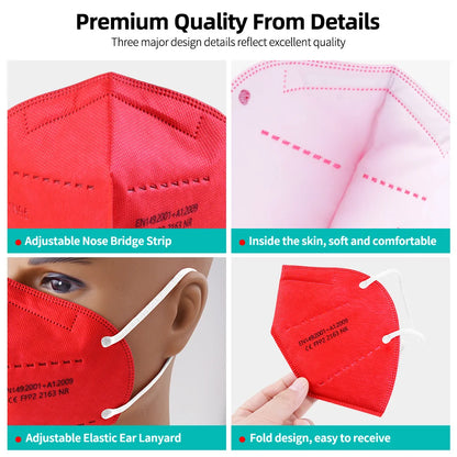 Set of 50 FFP2 KN95 face masks with 5-layer filters, reusable surgical masks providing protective face coverage.