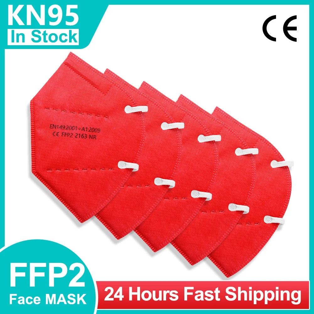 Set of 50 FFP2 KN95 face masks with 5-layer filters, reusable surgical-style masks for protection and filtration.