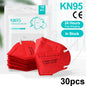 Pack of 50 FFP2 KN95 face masks with 5-layer filters, reusable surgical masks for respiratory protection, in a clear, organized display.