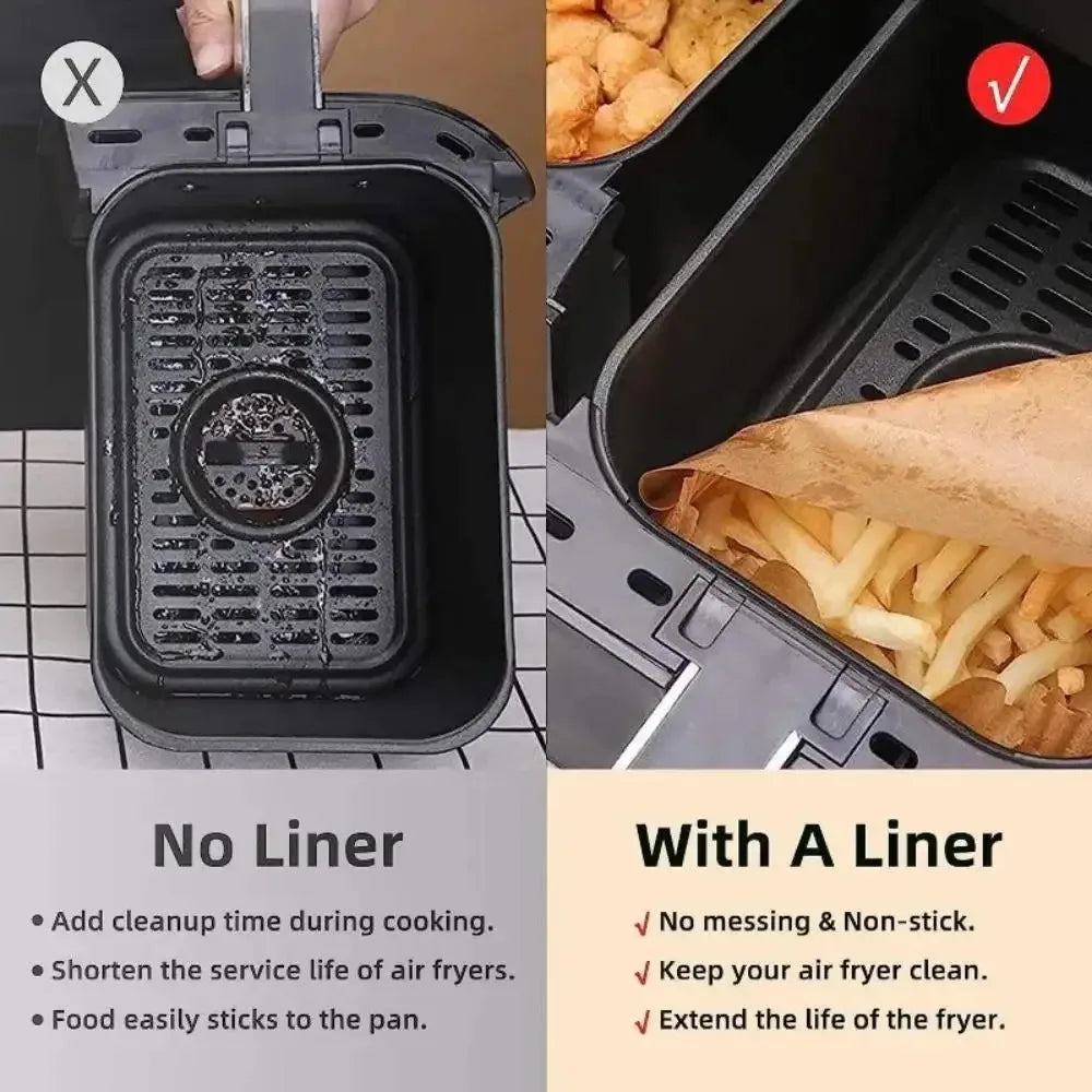 Set of 50 disposable rectangular air fryer paper mats, oilproof baking accessories for microwave, barbecue, and kitchen use.