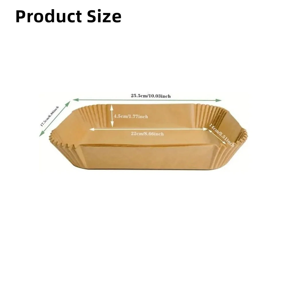 Disposable rectangular air fryer baking paper mats, oilproof and microwave-safe kitchen accessories for frying and grilling.