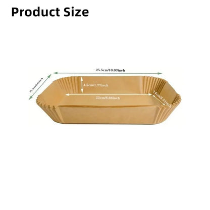 Disposable rectangular air fryer baking paper mats, oilproof and microwave-safe kitchen accessories for frying and grilling.
