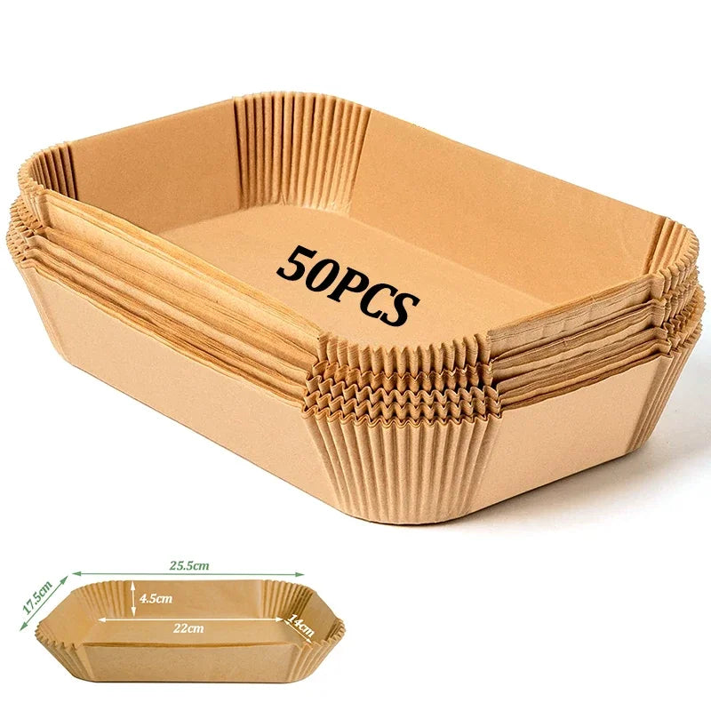 Set of 50/100 disposable rectangular air fryer paper mats, oilproof baking accessories for kitchen, microwave, and barbecue use.