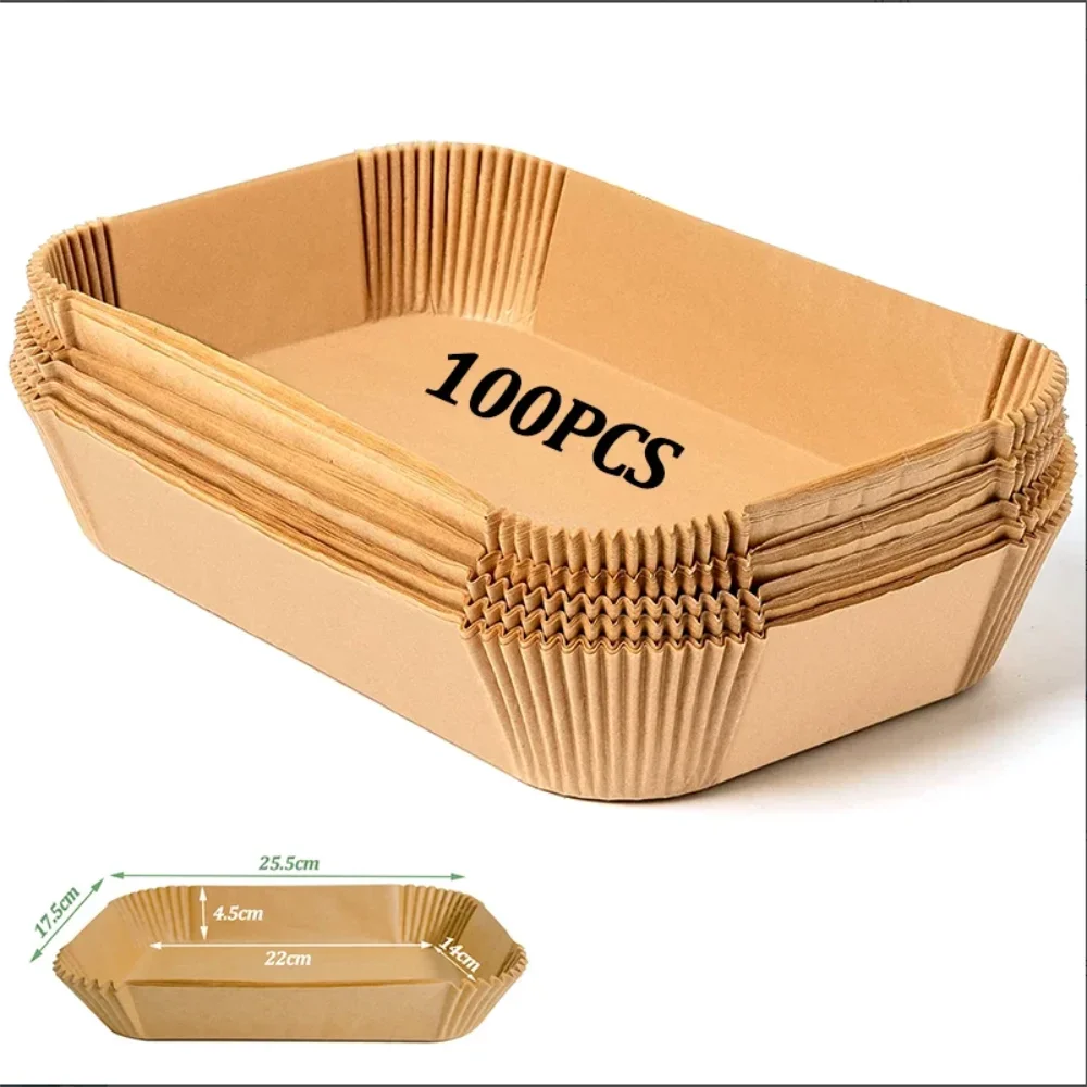 Set of 50 disposable rectangular air fryer paper mats, oilproof baking paper for kitchen baking, microwave, and barbecue accessories.