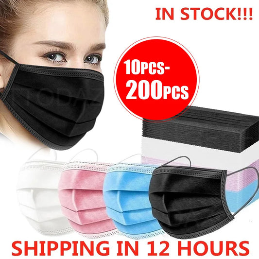 Black disposable face mask with earloops, 3 layers, meltblown non-woven, breathable, suitable for mouth protection.