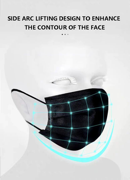 Black disposable face mask with earloops, 3-layer meltblown non-woven breathable material, suitable for health protection.