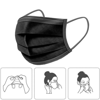 Black disposable face masks with earloops, 3-layer meltblown non-woven fabric, breathable mouth masks for protection.