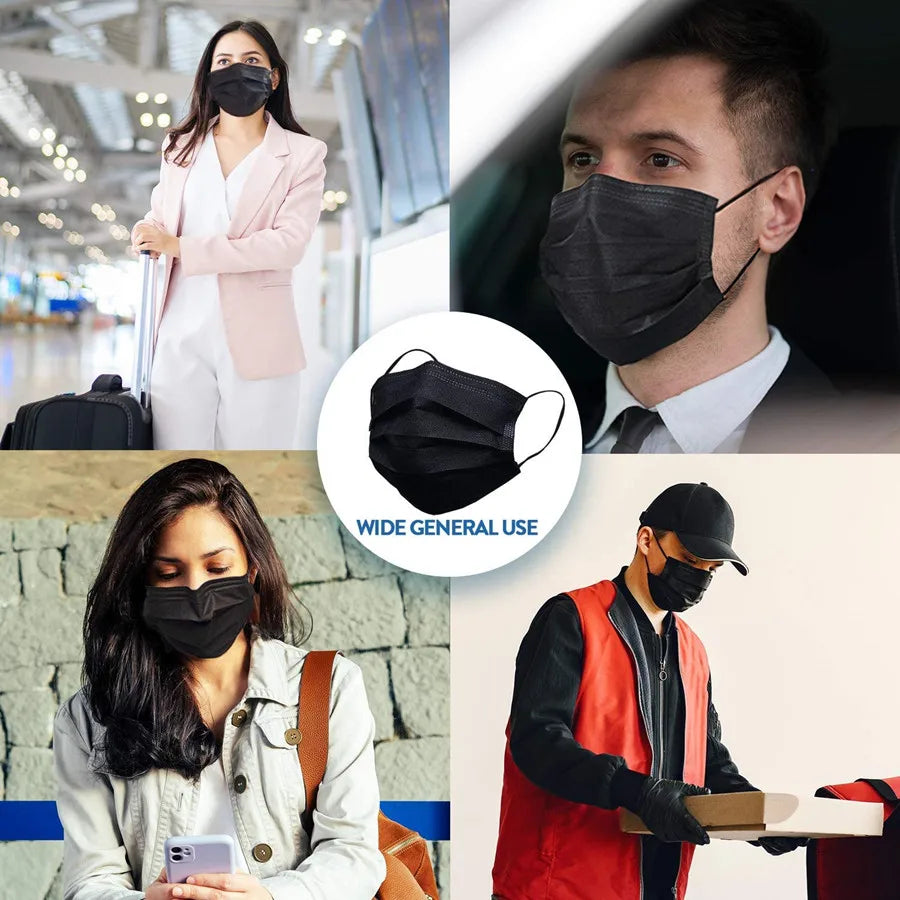 Black disposable face mask with earloops, 3-layer meltblown non-woven breathable material, suitable for safety and health protection.