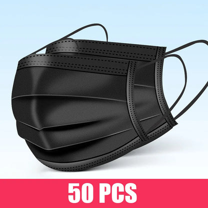 Black disposable face mask with earloops, 3-layer meltblown non-woven breathable material, for mouth protection.
