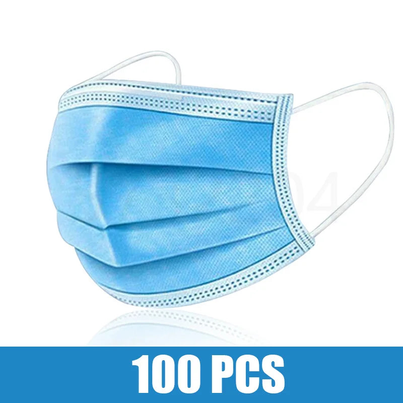 Black disposable face mask with earloops, 3-layer meltblown non-woven breathable material, suitable for health and safety use.
