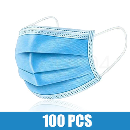 Black disposable face mask with earloops, 3-layer meltblown non-woven breathable material, suitable for health and safety use.