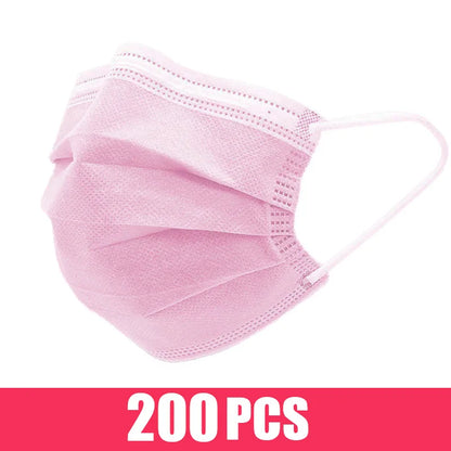 Black disposable face mask with earloops, 3-layer meltblown, breathable non-woven material, suitable for mouth covering.