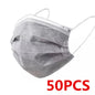 Set of black disposable face masks with earloops, 3-layer meltblown non-woven breathable material, for safe mouth and nose coverage
