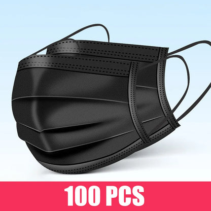 Black disposable face mask with earloops, 3-layer meltblown non-woven breathable material, suitable for safety and protection.