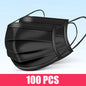 Black disposable face mask with earloops, 3-layer meltblown non-woven breathable material, suitable for safety and protection.