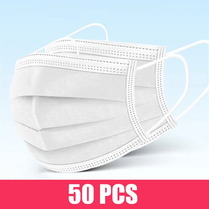 Black disposable face mask with earloops, 3-layer meltblown non-woven breathable material, available in pink, blue, white, and black.