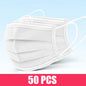 Black disposable face mask with earloops, 3-layer meltblown non-woven breathable material, available in pink, blue, white, and black.