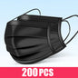 Black disposable face mask with earloops, 3-layer meltblown non-woven breathable material, available in pink, blue, white, and black.