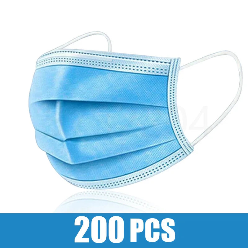 Black disposable face masks with earloops, 3-layer meltblown non-woven fabric, breathable and suitable for everyday wear.