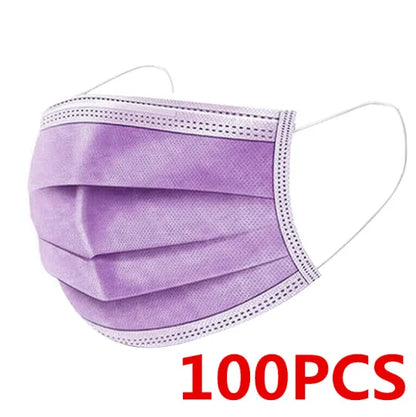 Black disposable face mask with earloops, 3-layer meltblown non-woven breathable material, suitable for protection and comfort.