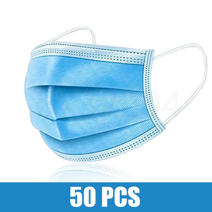 Black disposable face mask with earloops, 3-layer meltblown non-woven breathable material, available in pink, blue, black, and white.